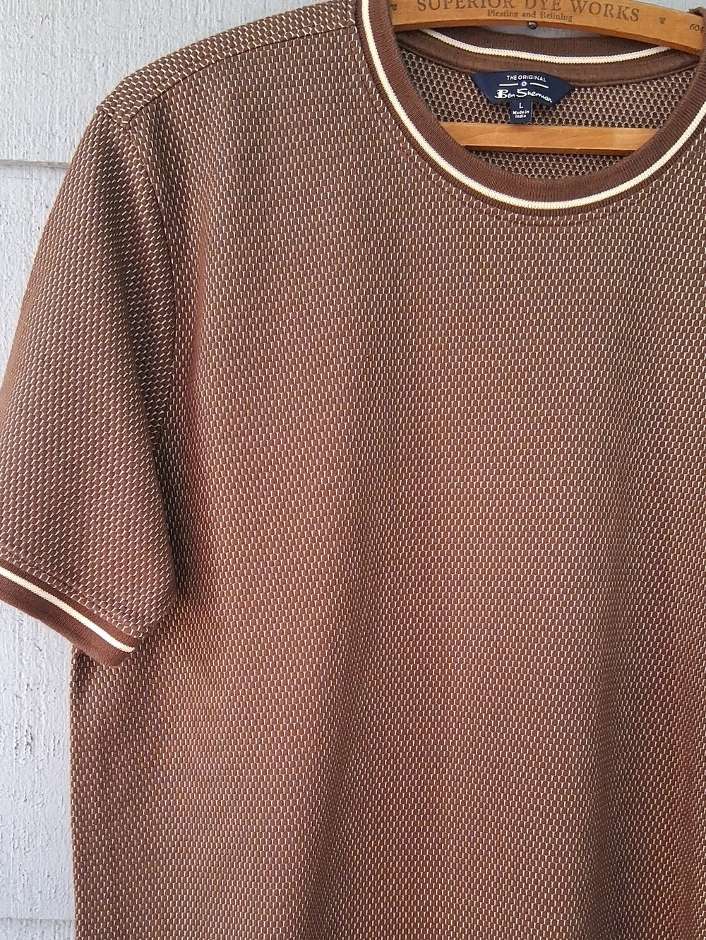 Ben Sherman Brown and Cream Short Sleeve Textured Knit Tee